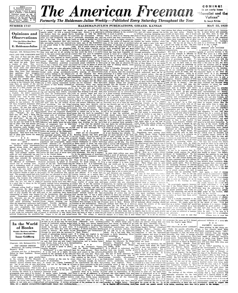 (image for) The American Freeman, Number 1747, May 25, 1929. - Click Image to Close
